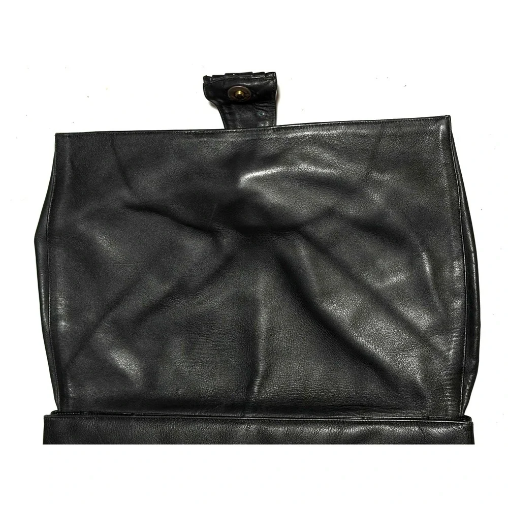 Vtg 80s Black Leather Clutch Bag Oversized Evening Purse Magnetic Snap‎ DMGD